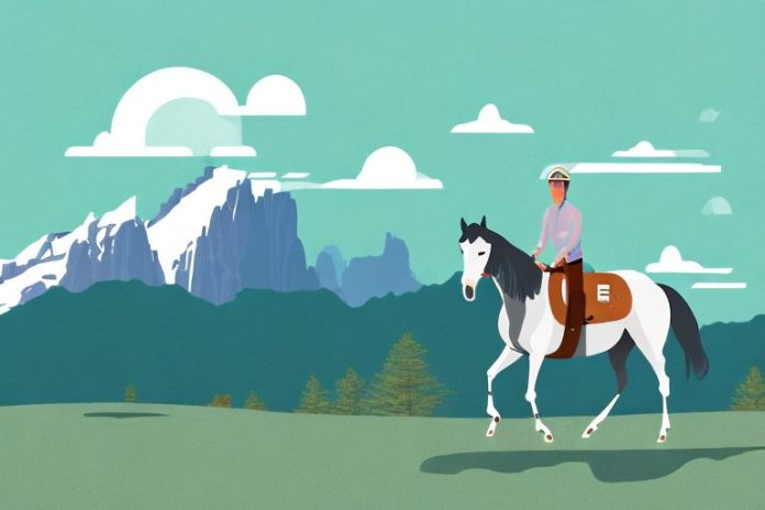 A horse and rider in the rocky mountains with a ballito landscape in the background