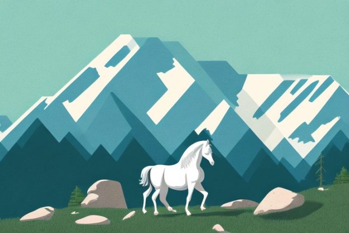 A rocky mountain landscape with a horse in the foreground