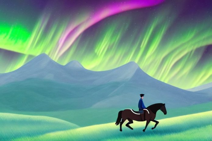A horse and rider in a landscape of rolling hills and mountains