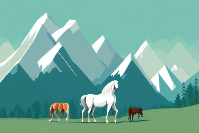 A scenic mountain landscape with a horse in the foreground