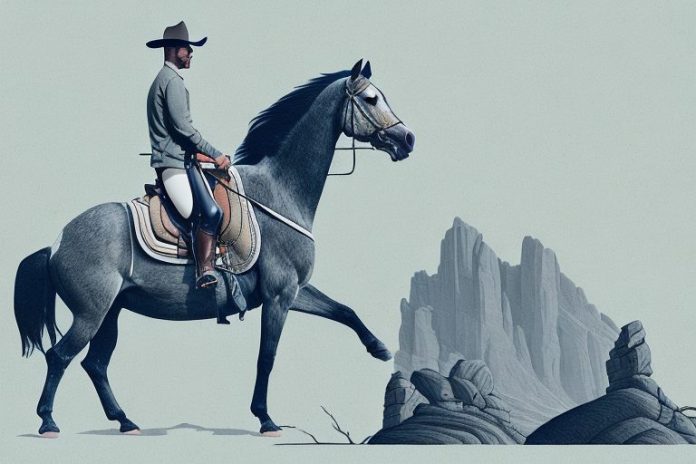 A horse and rider in the rocky mountains near graaff-reinet