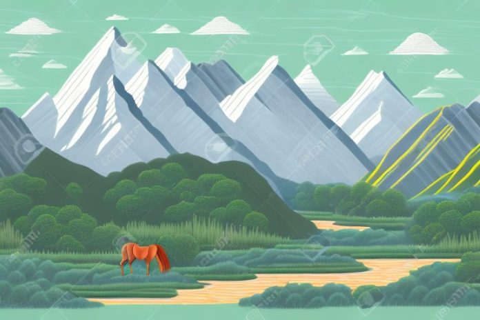 A horse in a landscape with mountains and a river in vereeniging