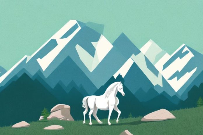 A rocky mountain landscape with a horse in the foreground