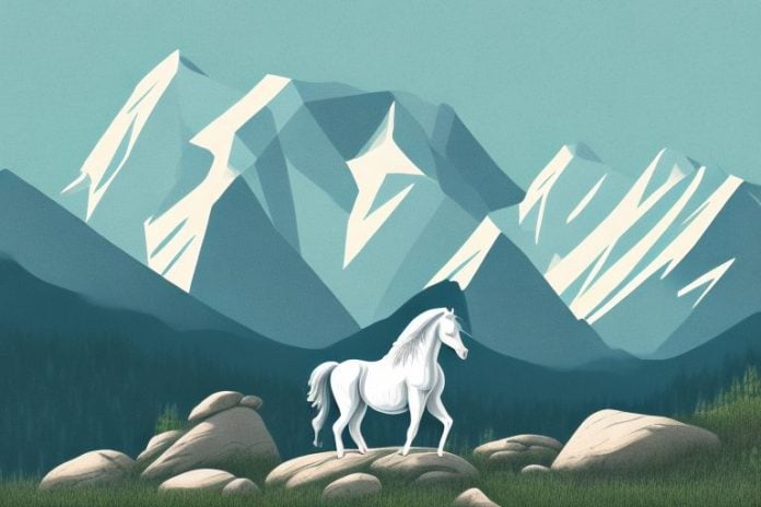 A rocky mountain landscape with a horse in the foreground
