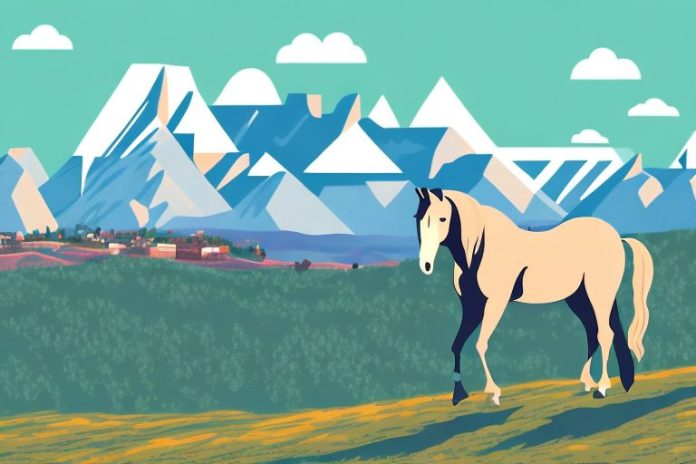 A horse in the rocky mountains with a scenic view of parys in the background