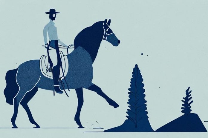 A horse and rider in the rocky mountains