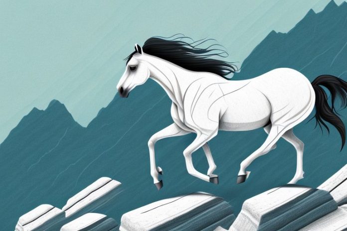 A majestic horse galloping through a rocky mountain landscape