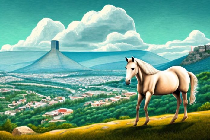 A horse in a mountainous landscape