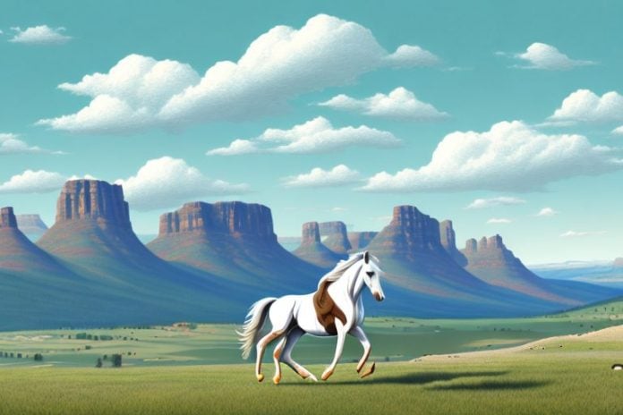 A horse and rider in the rocky mountains