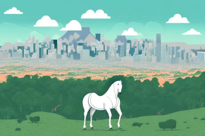 A horse in a mountainous landscape with johannesburg in the background