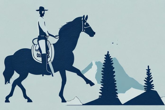 A horse and rider in the rocky mountains
