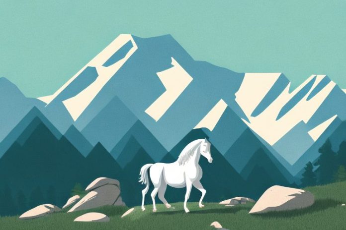 A rocky mountain landscape with a horse in the foreground