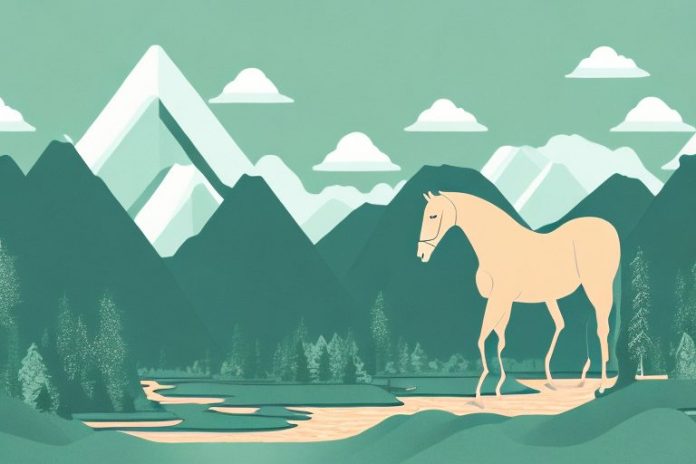 A horse standing in a mountainous landscape with trees and a river