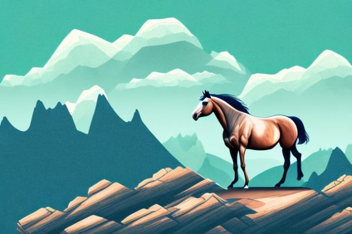 A horse standing atop a rocky mountain peak overlooking a valley