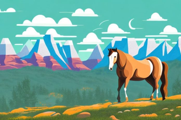 A horse in the rocky mountains with a scenic view of krugersdorp in the background