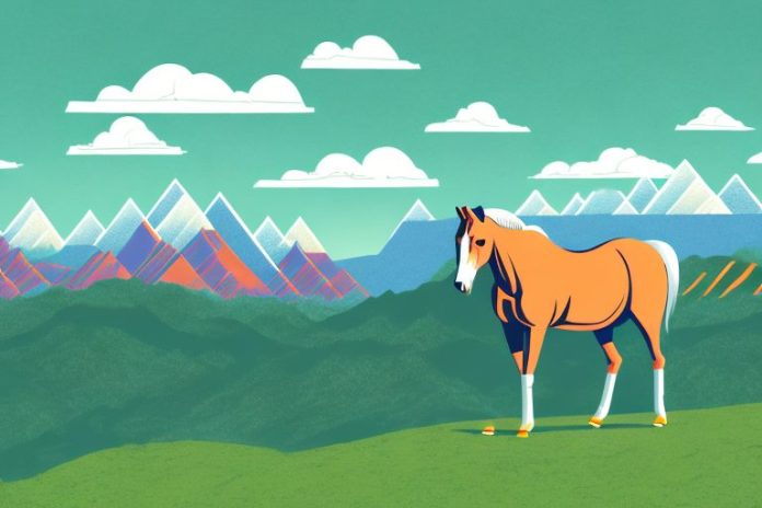 A horse standing in a mountainous landscape with a view of randburg in the background