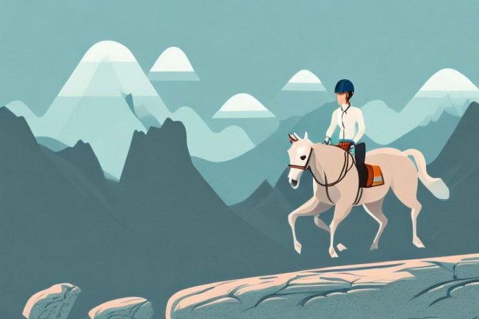 A horse riding through a rocky mountain landscape