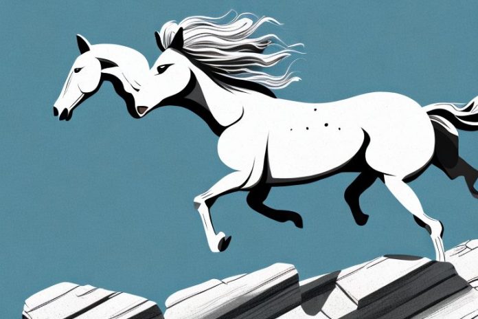 A majestic horse galloping through a rocky mountain landscape