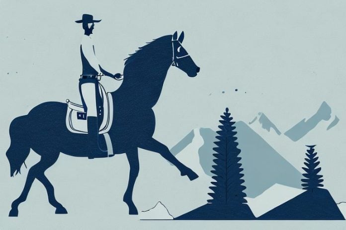 A horse and rider in the rocky mountains