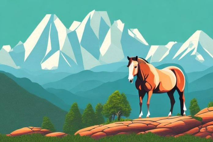 A horse standing in a rocky mountain landscape with a view of phalaborwa in the background