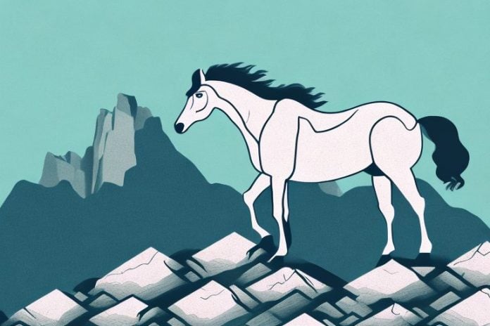 A horse standing atop a rocky mountain in giyani