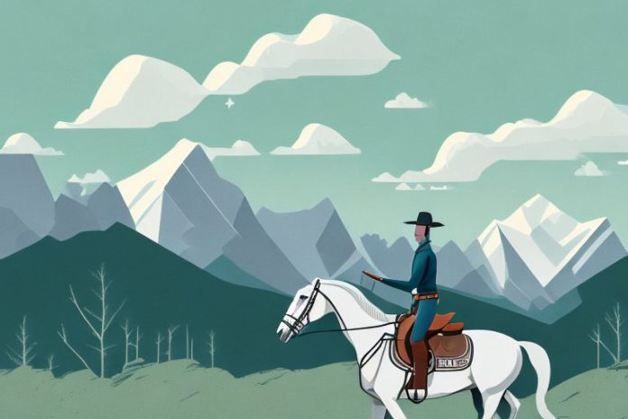 A horse and rider in the rocky mountains
