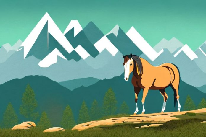A horse standing in a rocky mountain landscape