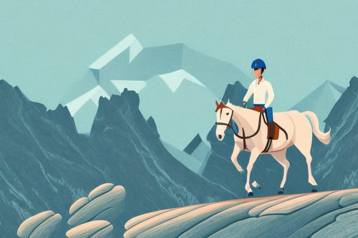 A horse and rider in a rocky mountain landscape