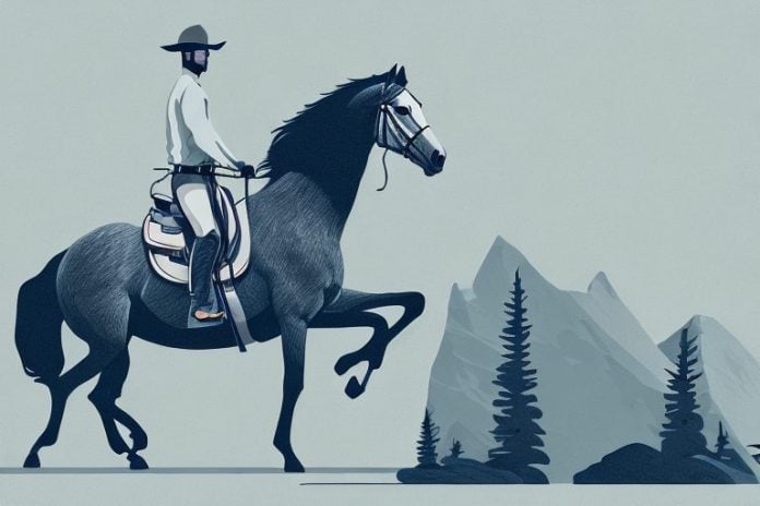 A horse and rider in the rocky mountains