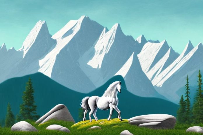 A majestic rocky mountain landscape with a horse in the foreground