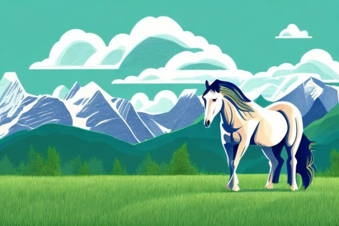 A majestic horse standing in a grassy field with the rocky mountains in the background