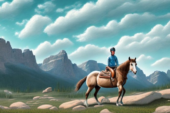 A horse and rider in the rocky mountains