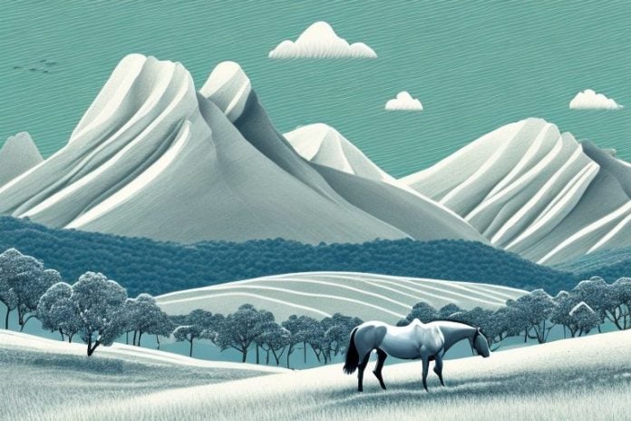 A horse in a landscape of rolling hills and snow-capped mountains in mokopane