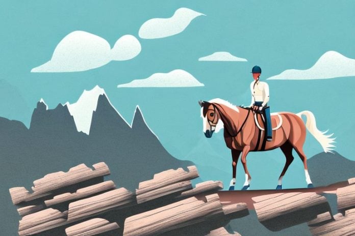 A horse and rider on a rocky mountain trail in upington