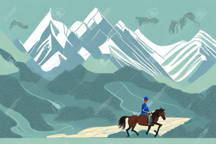 A horse and rider in a landscape of mountains and glaciers in musina