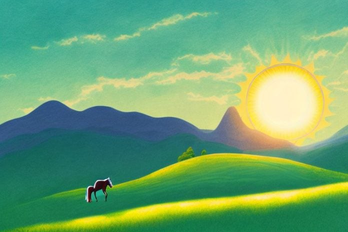 A horse in a landscape of rolling hills and mountains