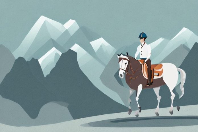 A horse and rider in a scenic rocky mountain landscape