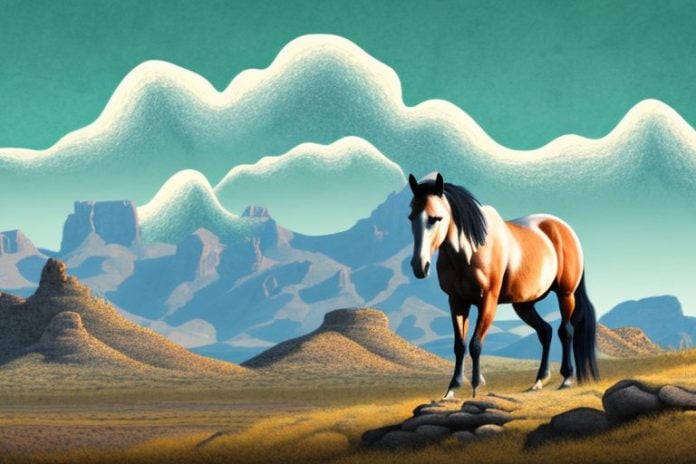 A horse standing in a rocky mountain landscape with a colesberg skyline in the background
