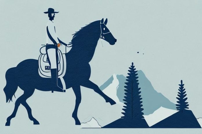 A horse and rider in the rocky mountains