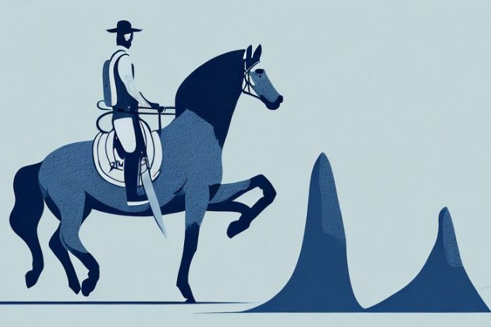 A horse and rider in the rocky mountains of the north west