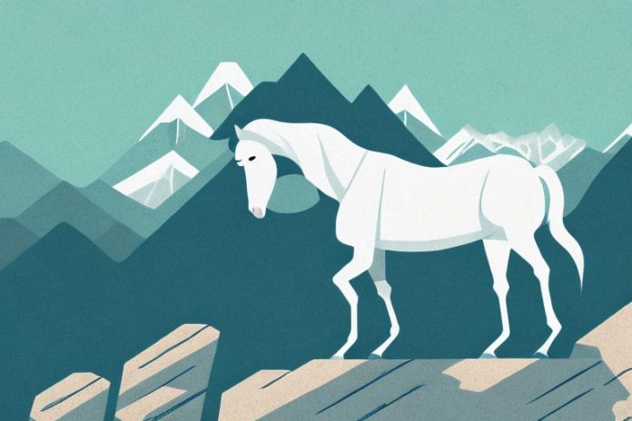 A horse standing in a rocky mountain landscape