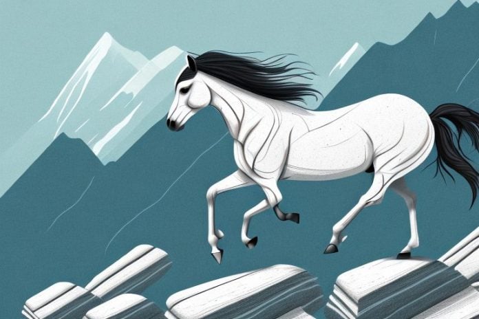 A majestic horse galloping through a rocky mountain landscape