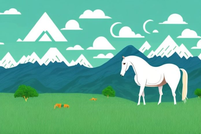A horse in a grassy field with mountains in the background