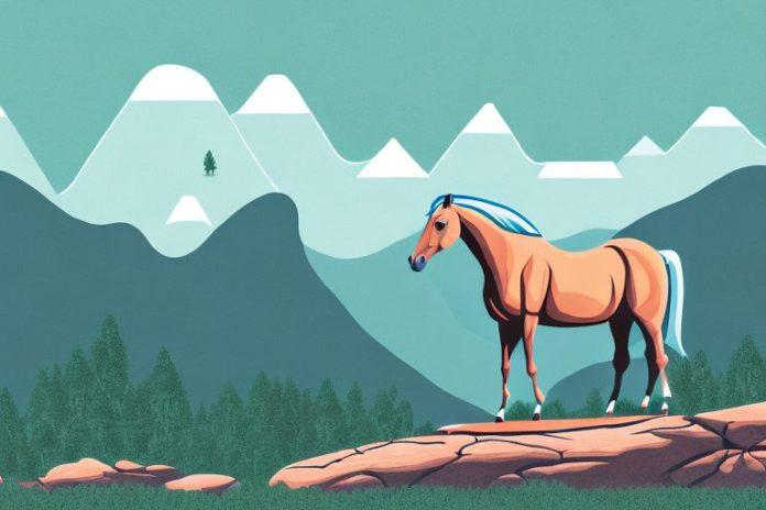 A horse standing in a rocky mountain landscape in hartbeespoort