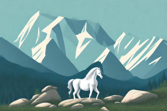 A rocky mountain landscape with a horse in the foreground