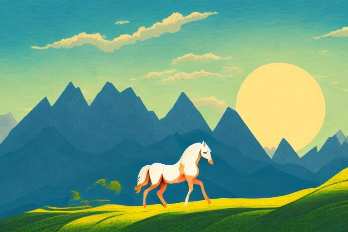 A horse in a mountainous landscape