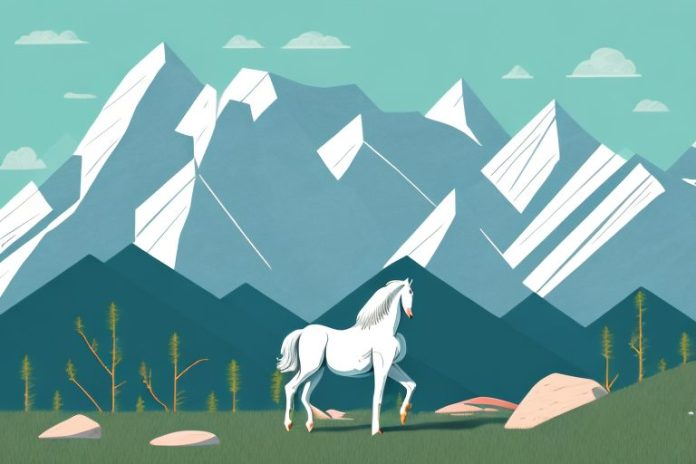 A horse in the rocky mountains with a scenic view of mabopane in the background