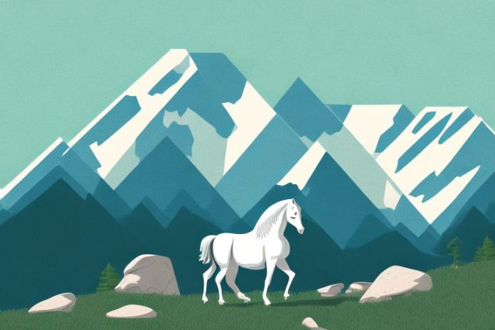 A rocky mountain landscape with a horse in the foreground