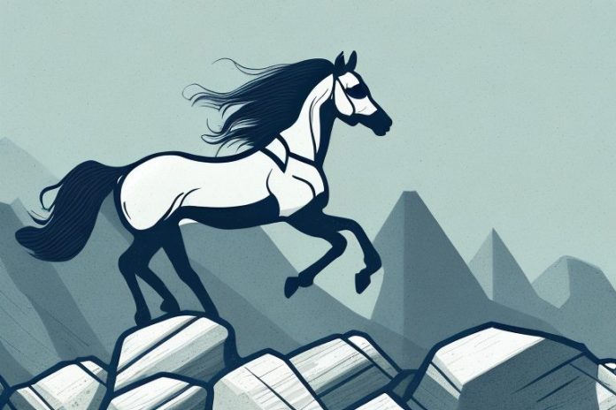 A horse and rider galloping through a rocky mountain landscape