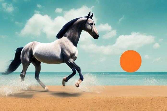 A dutch warmblood horse galloping through a sandy beach in margate